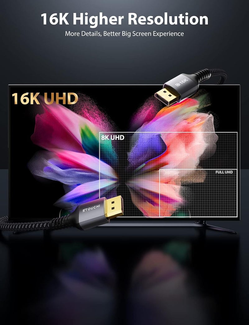 Stouchi Displayport 2.1 Cable 10FT/3M, 80Gbps [16K@60Hz, 8K@120Hz, 4K@240Hz, 1080P@360Hz] HDR, HDCP, DSC 1.2a, FreeSync G-Sync DP Cable for Gaming Monitor, RTX 5090, RX 9070, RTX 6000 Ada - Image 2